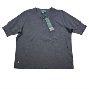 NEW Lauren Ralph Lauren Henley Fitted Ribbed Cuff Sleeve Womens 1X Black Top Tee